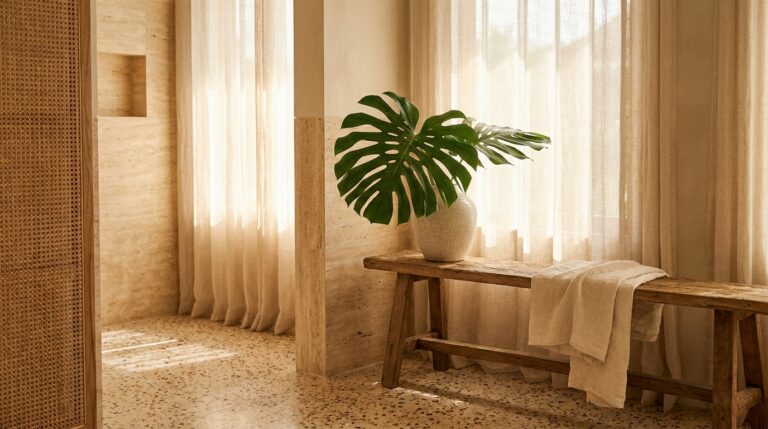 A sunlit studio interior features a wooden bench with folded towels and a potted monstera plant.