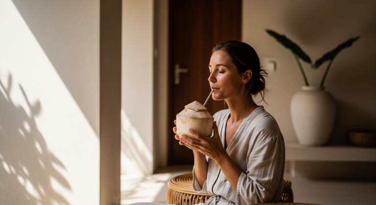A woman in a robe drinks coconut water in a softly lit studio lounge.