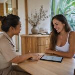 A consultant and a client going through a treatment plan on a tablet at a Bali body studio reception